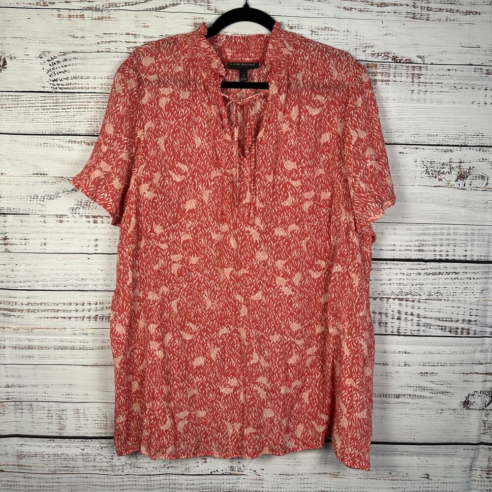 Womens Lane Bryant Crinkle Gauze Lightweight Coral Floral SS Tunic Blouse Sz 22